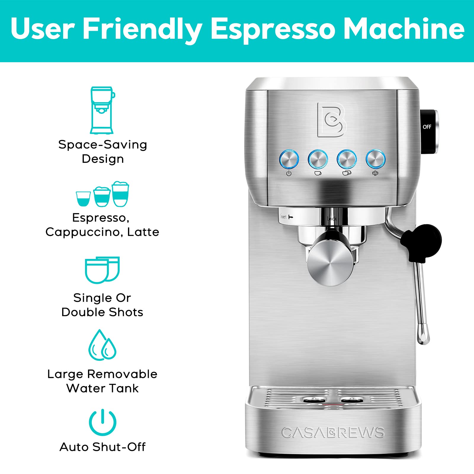 CASABREWS Professional Espresso Maker Cappuccino Machine with Steam Milk Frother & 51mm Bottomless Portafilter with Filter Basket and Puck Screen