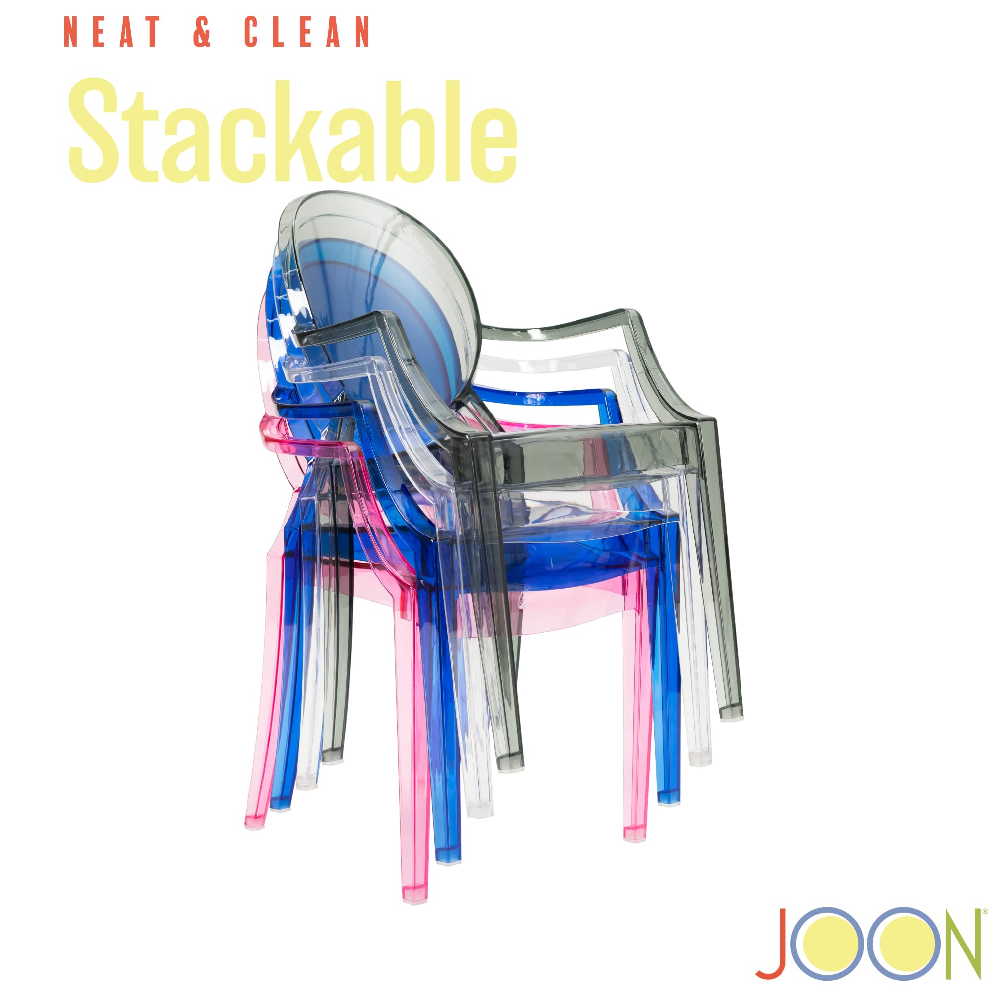 JOON 2 Pack Kids Ghost Chairs with Armrest Transparent, 25x13x14.5 Inches, Polycarbonate Material, 12.75” Seat Height, Stackable, for Toddler Parties, Playroom, Daycare, Home (Transparent Clear)