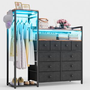 HPWLYO 10 Drawers LED Dresser for Bedroom, Black Fabric Dresser with Clothes Rack, Tall Storage Chest of Drawers, Dressers & Chests of Drawers, Wooden Top, Bedroom, Closet