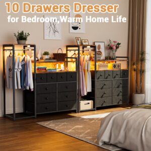 HPWLYO 10 Drawers LED Dresser for Bedroom, Black Fabric Dresser with Clothes Rack, Tall Storage Chest of Drawers, Dressers & Chests of Drawers, Wooden Top, Bedroom, Closet