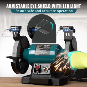 6" Variable Speed Bench Grinder, 1/2 HP Brushless Motor, Adjustable Eye Shield, LED Work Light, Cast Iron Base