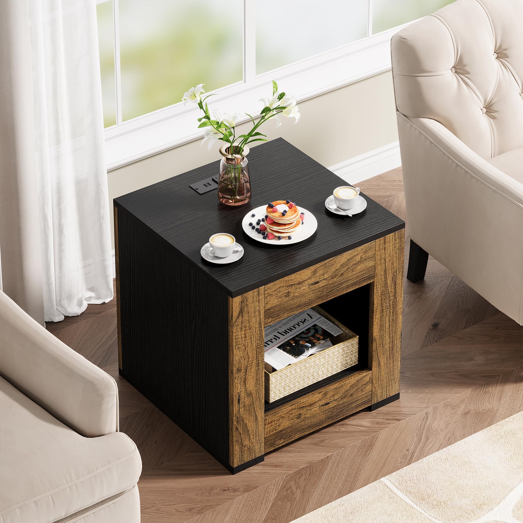 Condemo Farmhouse End Table with Charging Station, Square Nightstand Bedside Table with Drawer and Open Shelf, 2-Tier Sofa Side Table Storage for Living Room, Bedroom, Small Spaces, Brown and Black