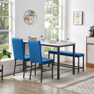 YOFE Dining Table Set for 4,Faux Marble Kitchen Table,Velvet Chairs and Bench with Storage Net,Kitchen Table Chairs Set for Dining Room,Small Apartment (Blue 1+3)