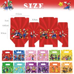 YNOUU 24Pack Cartoon Super Bros Party Gift Boxes Birthday Party Favor Supplies Cartoon Super Bros Treat Gift Boxes with Handles for Super Bros Party Decorations (12style)