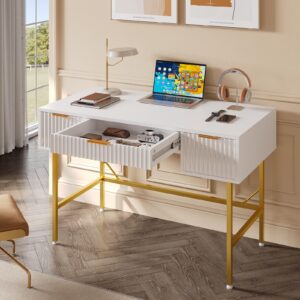 bestier 47.6 inch fluted computer writing desk with drawers for home office, white and gold vanity desk, modern simple makeup desk for bedroom