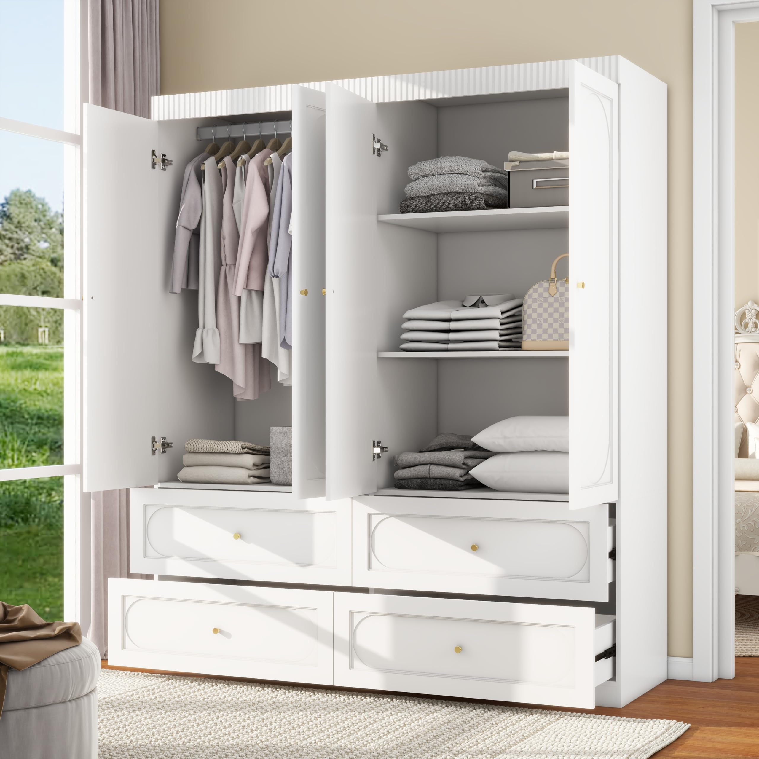 LABROSKIA Bedroom Armoire Wardrobe Closet with 4 Drawers: 74" White Wood Closet for Hanging Clothes, Cabinet for Clothes with 4 Doors, Large Wardrobe Closet with Shelves (White)