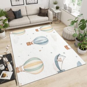 Cartoon Hot Air Balloon Area Rug for Living Room, Bedroom Rugs 7x8 ft White Washable Carpet, Soft Fluffy Rug Non Skid Home Office Decor Large Carpet