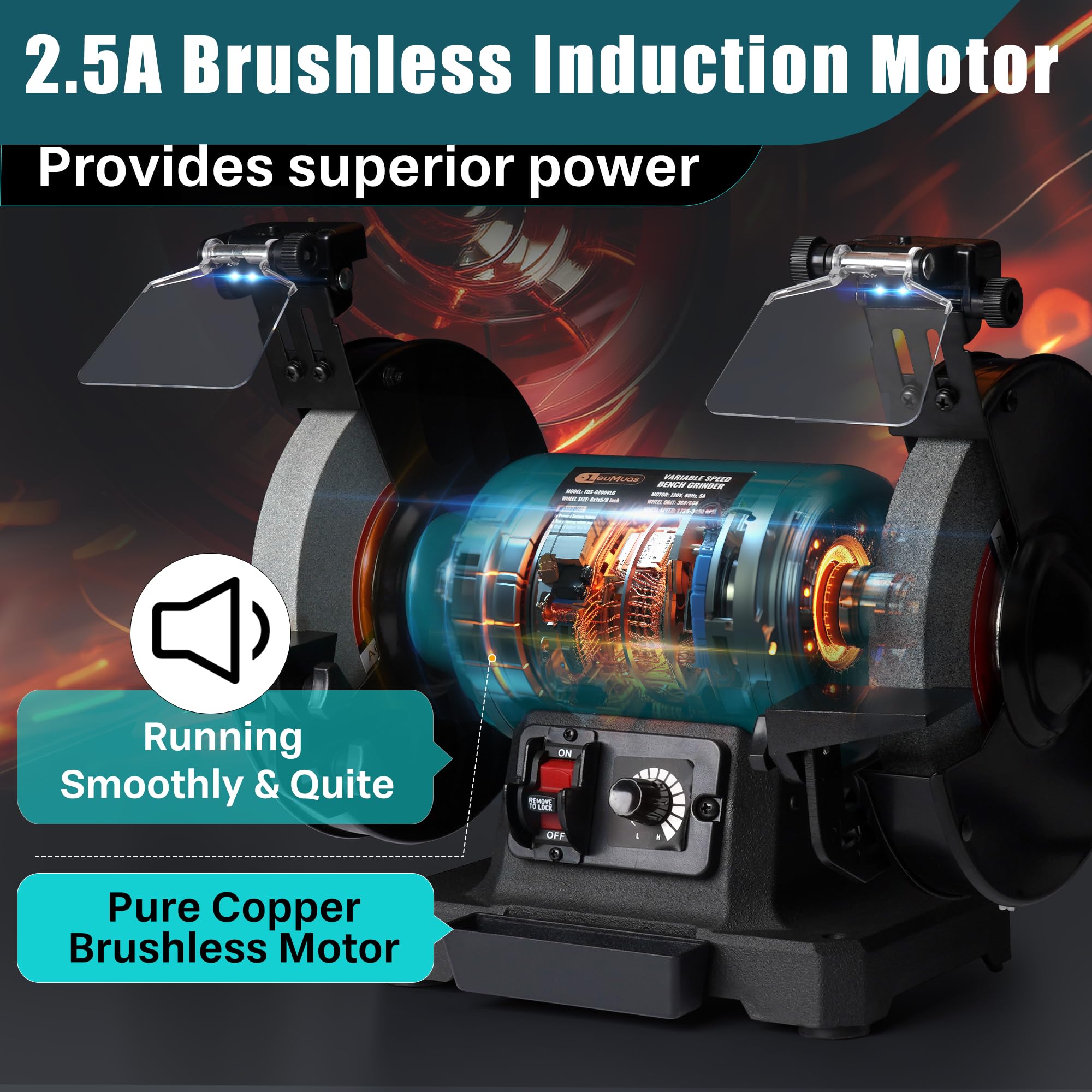 6" Variable Speed Bench Grinder, 1/2 HP Brushless Motor, Adjustable Eye Shield, LED Work Light, Cast Iron Base