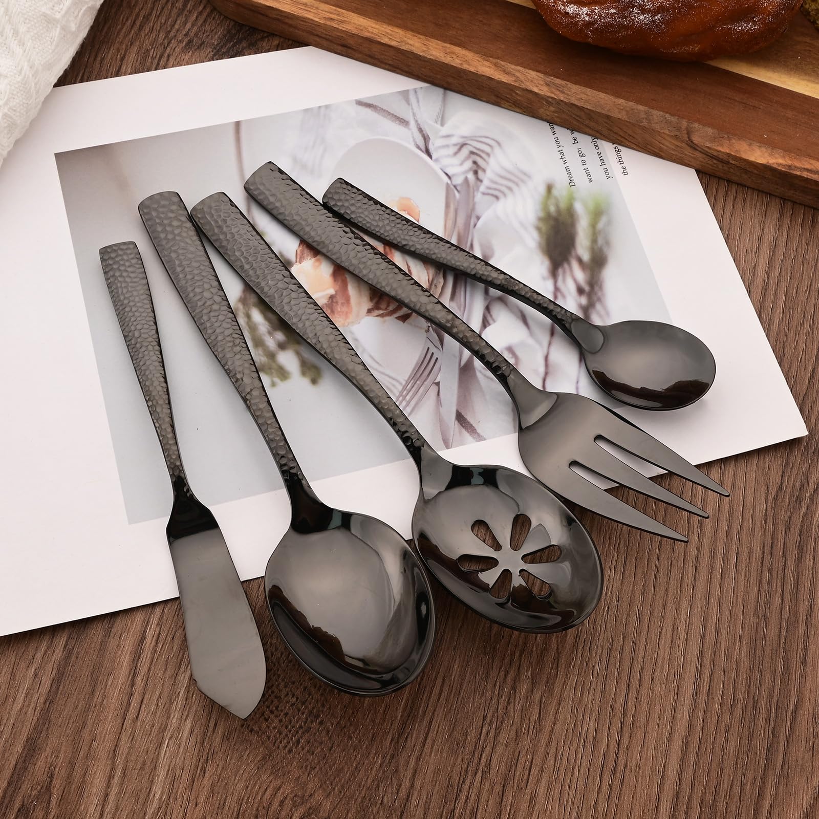 Uniturcky Serving Utensils Set, 5-Piece 18/8 Stainless Steel Hostess Serving Set, Elegant Hammered Serving Utensils for Home Restaurant and Buffet Catering, Heavy and Mirror Polished, Black