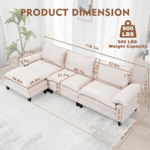 WOTSTA 118" Convertible Sectional Sofa, Cloud Couch Deep Seat Sofa, L Shap Sofa Couch with Ottoman, Modern Sectional Couches for Living Room, Apartment, Studio, Beige