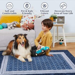 GarveeHome Modern Bordered 5x7 Area Rugs, Washable Rugs for Living Room Geometric Accent Rug Non Slip Non-Shedding Floor Carpet for Dining Room Indoor Kids Playroom, Navy