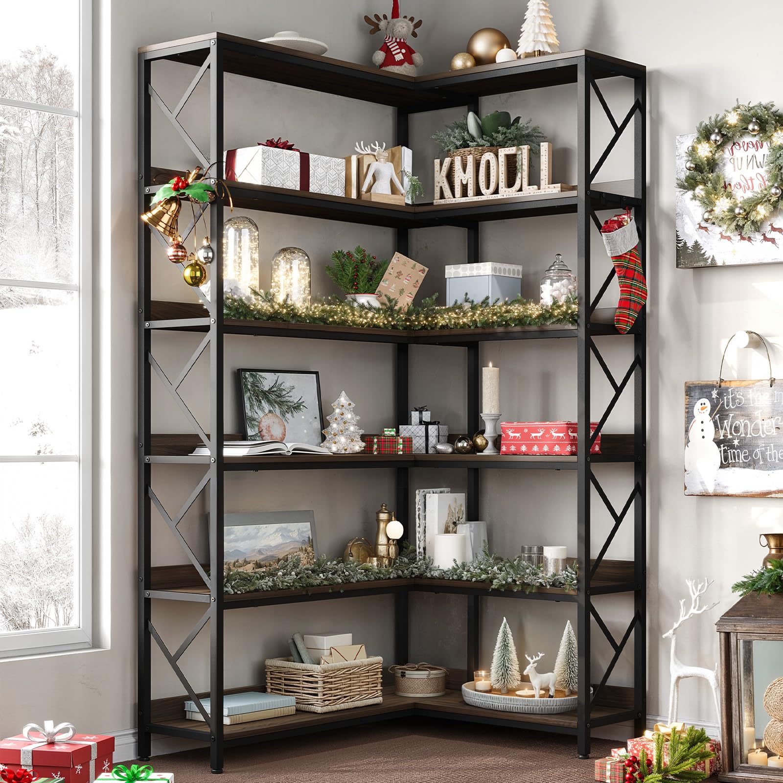 ONBRILL 6-Shelf Corner Bookshelf, 75.4" Industrial Wooden Bookcase with 4 Hooks, Large Display Rack Storage with Open Shelves and Metal Frame for Living Room Home Office