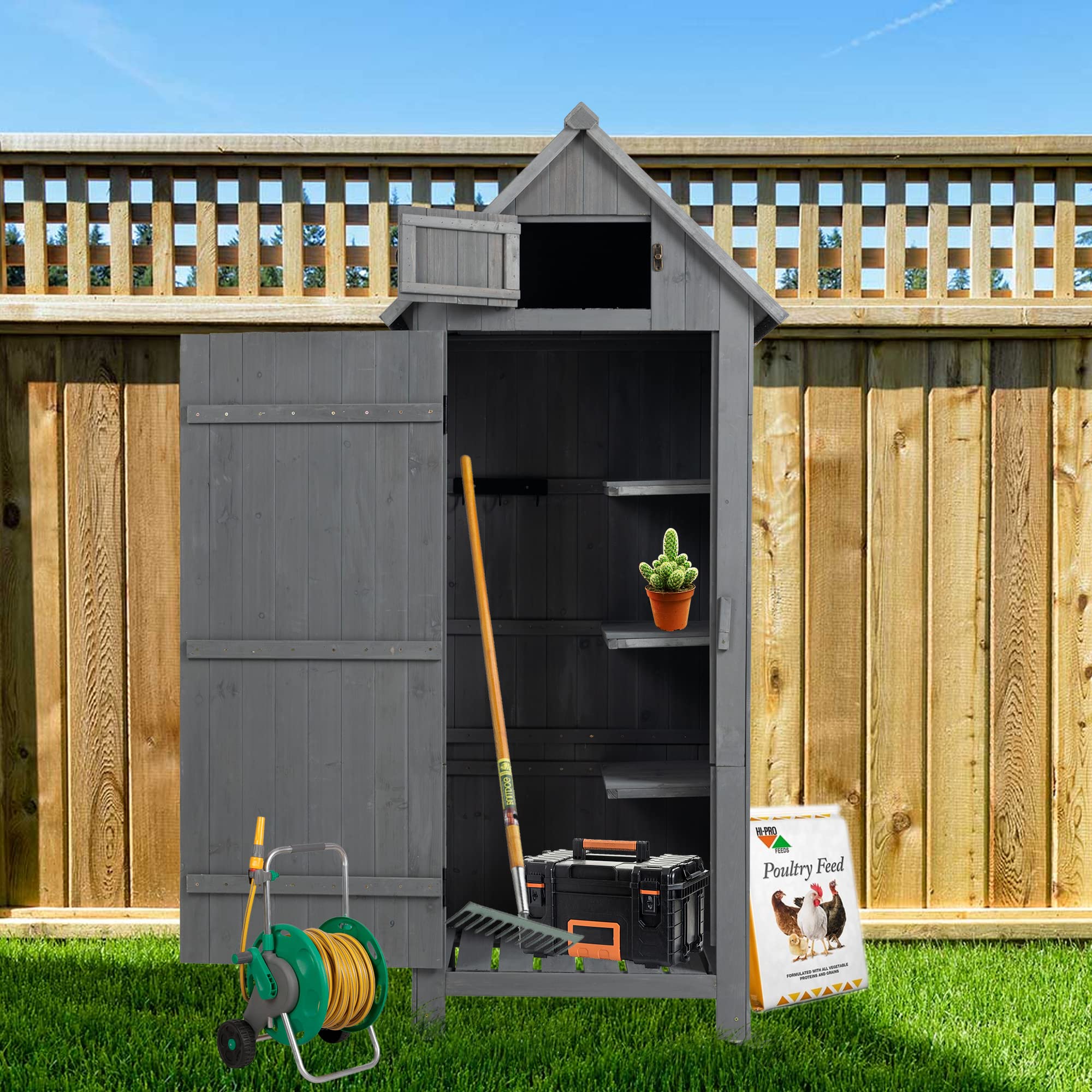 Outdoor Wooden Storage Cabinet and Tool Shed, 30.3" L x 21.3" W x 70.5" H, Gray