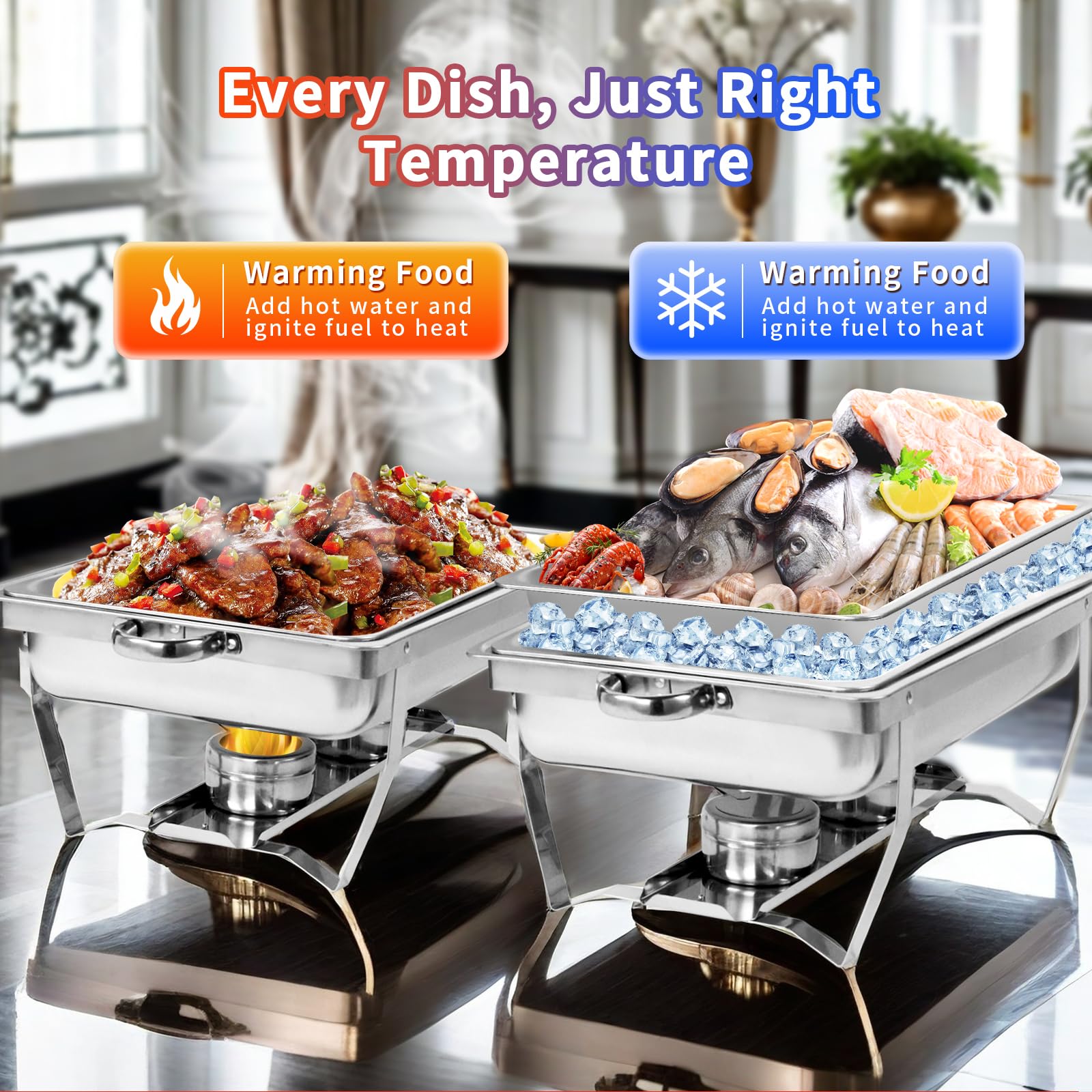 EVGTTI 8 qt Chafing Dish Buffet Set, Stainless Steel Catering Serve Chafer, Rectangular Food Warmer with Full Size Food Pan and Foldable Frame for Party (5-Pack)