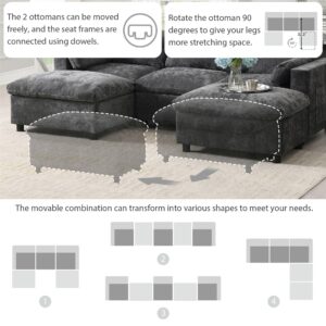 Merax 86.5" Sectional Sofa with Storage Pockets & Removable Ottomans, 5 Seat U Shaped Sleeper Cloud Couch Set, Convertible L-Shaped Chenille Upholstered SofaBed for Living Room and Apartment, Black