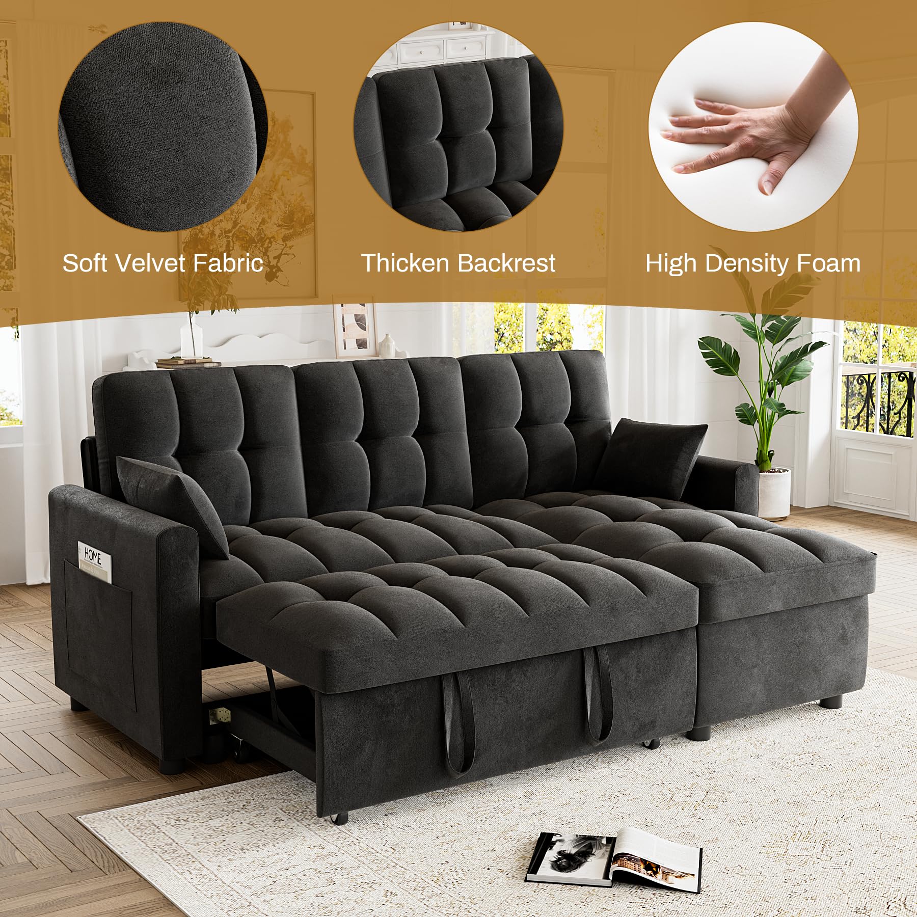 Wrofly 2 in 1 Convertible L-Shaped Sectional Sofa with Pullout Bed, 70.8" Velvet Sleeper Sofa with Reversible Storage Chaise, Modern Pull Out Couch for Living Room Bedroom Small Space, Black