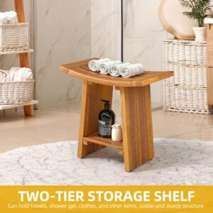 DWVO Teak Shower Bench with Storage Shelf for Shaving Legs Foot Rest, 18'' Solid Wood Shower Stool Bath Wooden Seating Bench for Shower with Non-Slip Feet, Easy Assembly for Indoor and Outdoor Use