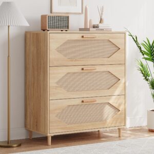 3 Drawer Rattan Dresser for Bedroom, Rattan Modern Dresser Wood Chest of Drawers, Wooden Storage Cabinets for Bedrooms, Hallways, Living Rooms, and Entryways, Easy Assemble, Natural