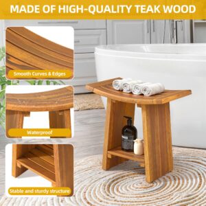 DWVO Teak Shower Bench with Storage Shelf for Shaving Legs Foot Rest, 18'' Solid Wood Shower Stool Bath Wooden Seating Bench for Shower with Non-Slip Feet, Easy Assembly for Indoor and Outdoor Use