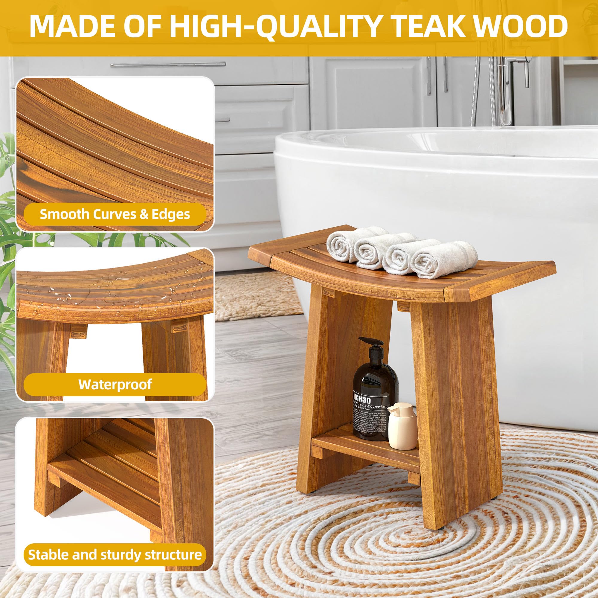 DWVO Teak Shower Bench with Storage Shelf for Shaving Legs Foot Rest, 18'' Solid Wood Shower Stool Bath Wooden Seating Bench for Shower with Non-Slip Feet, Easy Assembly for Indoor and Outdoor Use