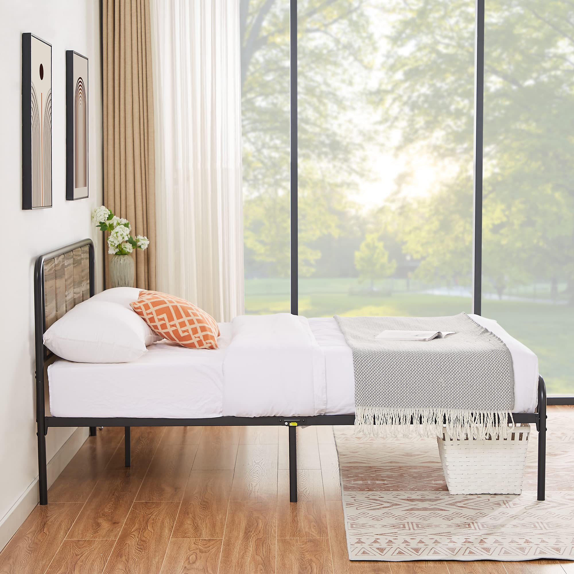 VECELO Queen Size Metal Platform Bed Frame with Wooden Headboard,Sturdy Steel Slats Support/Matress Foudation/No Box Spring Needed(Grey Slate)