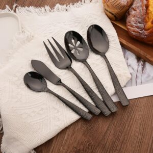 Uniturcky Serving Utensils Set, 5-Piece 18/8 Stainless Steel Hostess Serving Set, Elegant Hammered Serving Utensils for Home Restaurant and Buffet Catering, Heavy and Mirror Polished, Black