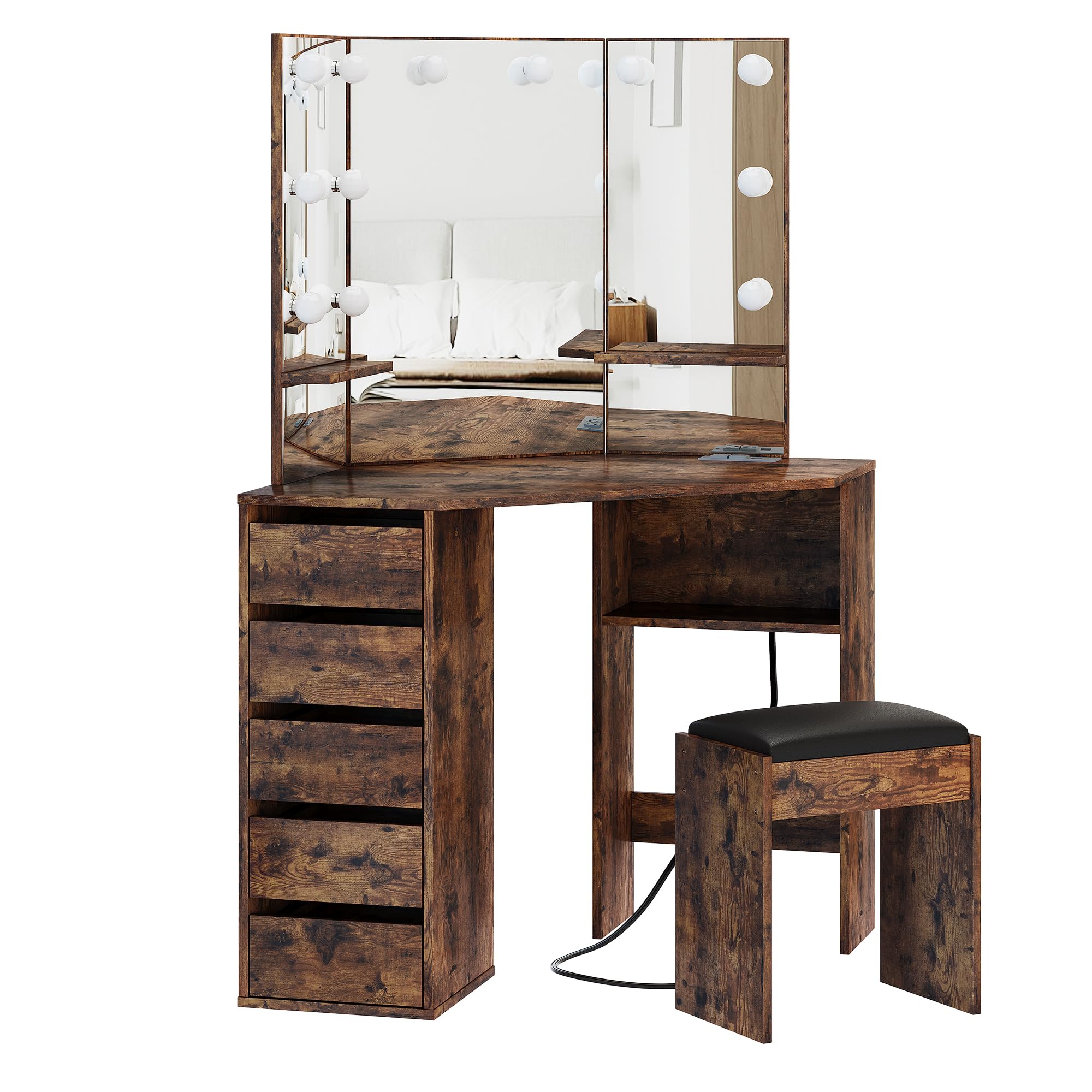 Knowfunn Corner Vanity Desk Set with 3-Folding Lighted Mirrors, Makeup Vanity Table with Charging Station, 5 Rotating Drawers and Storage Bench for Bedroom, Rustic Brown