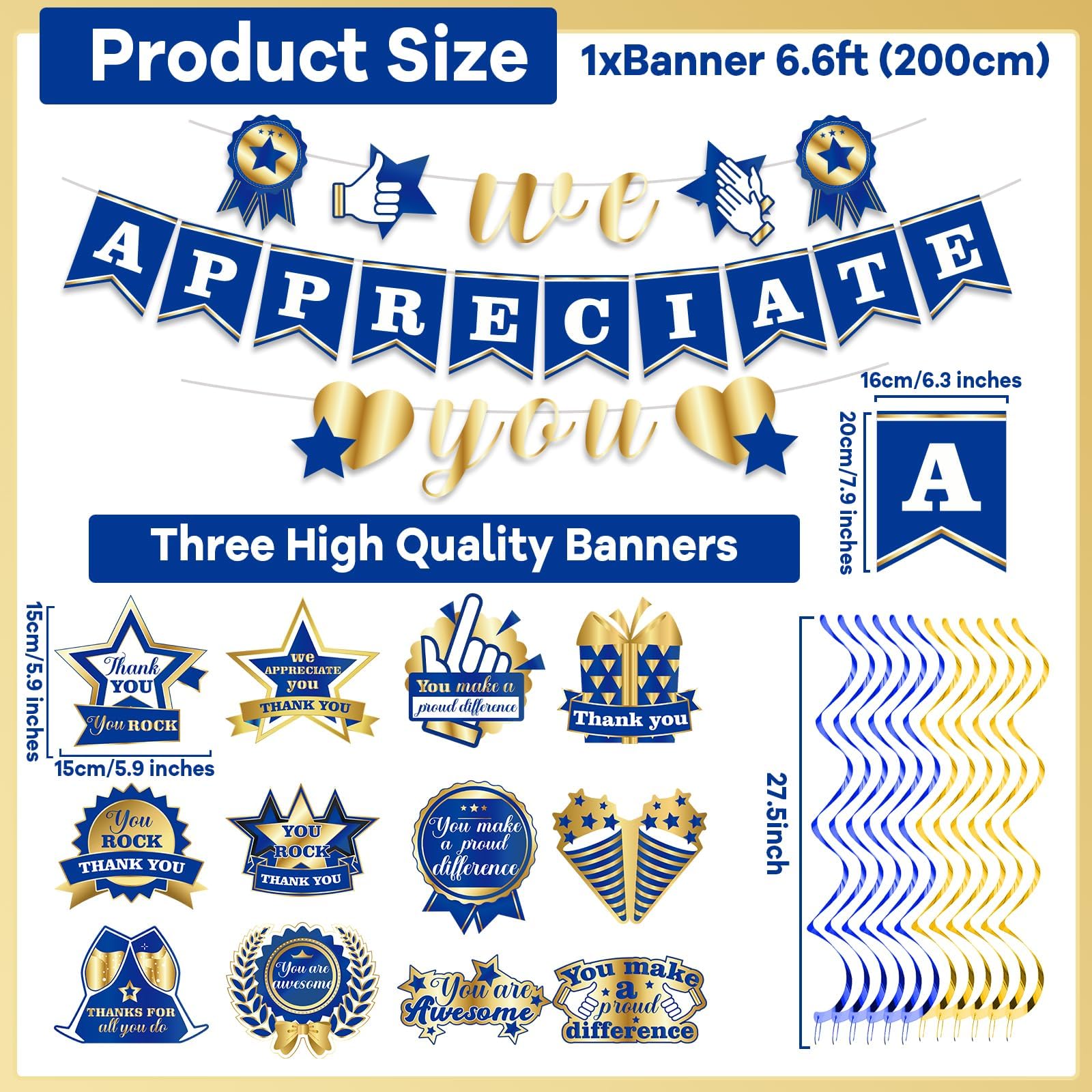 CHUNNIN We Appreciate You Banner Decorations Blue Gold Thank You Hanging Swirls Sign Employee Appreciation Streamer for Pastor Staff Teacher Retirement Doctor Nurse Thanksgiving Party Supplies