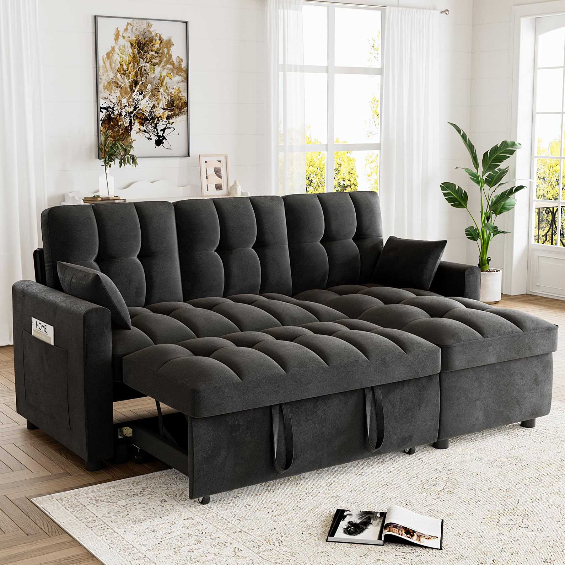 Wrofly 2 in 1 Convertible L-Shaped Sectional Sofa with Pullout Bed, 70.8" Velvet Sleeper Sofa with Reversible Storage Chaise, Modern Pull Out Couch for Living Room Bedroom Small Space, Black