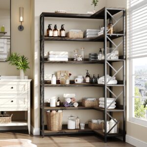 ONBRILL 6-Shelf Corner Bookshelf, 75.4" Industrial Wooden Bookcase with 4 Hooks, Large Display Rack Storage with Open Shelves and Metal Frame for Living Room Home Office