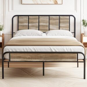 vecelo queen size metal platform bed frame with wooden headboard,sturdy steel slats support/matress foudation/no box spring needed(grey slate)