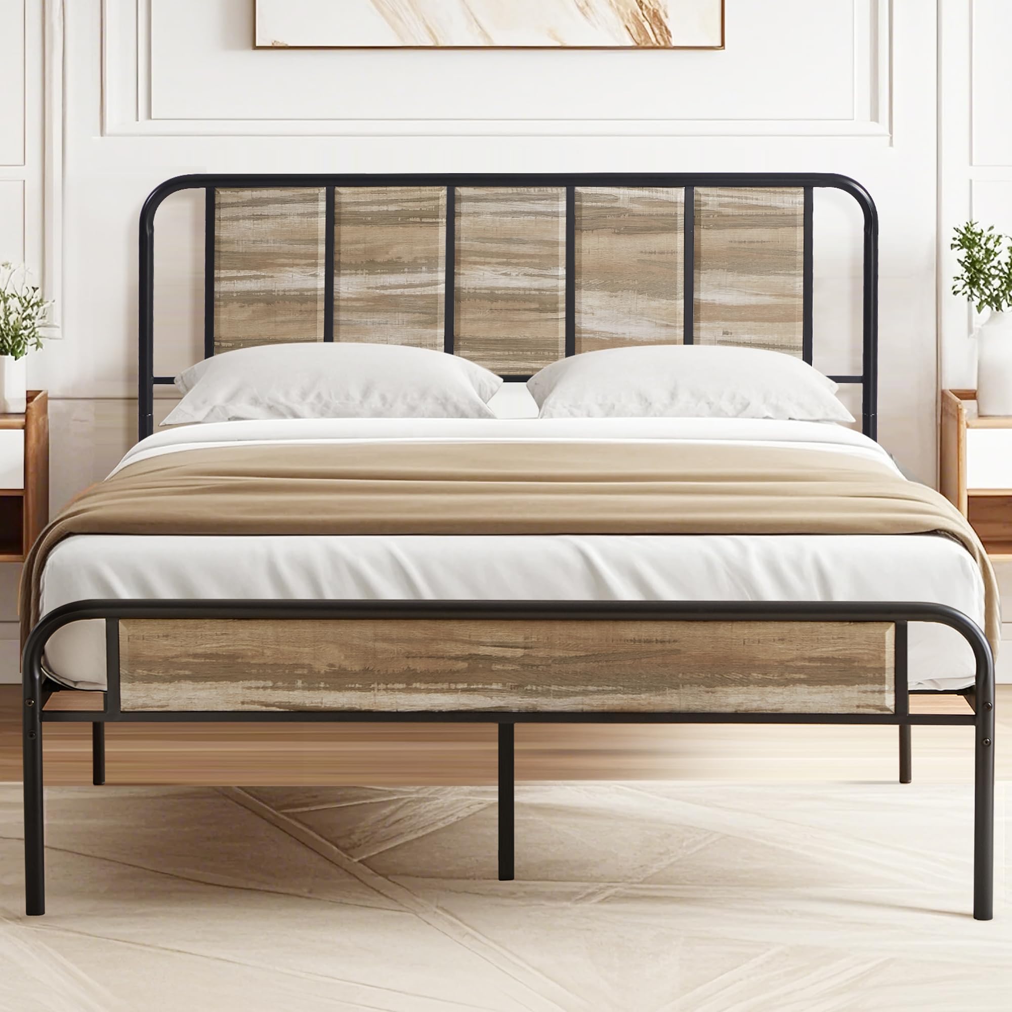 VECELO Queen Size Metal Platform Bed Frame with Wooden Headboard,Sturdy Steel Slats Support/Matress Foudation/No Box Spring Needed(Grey Slate)