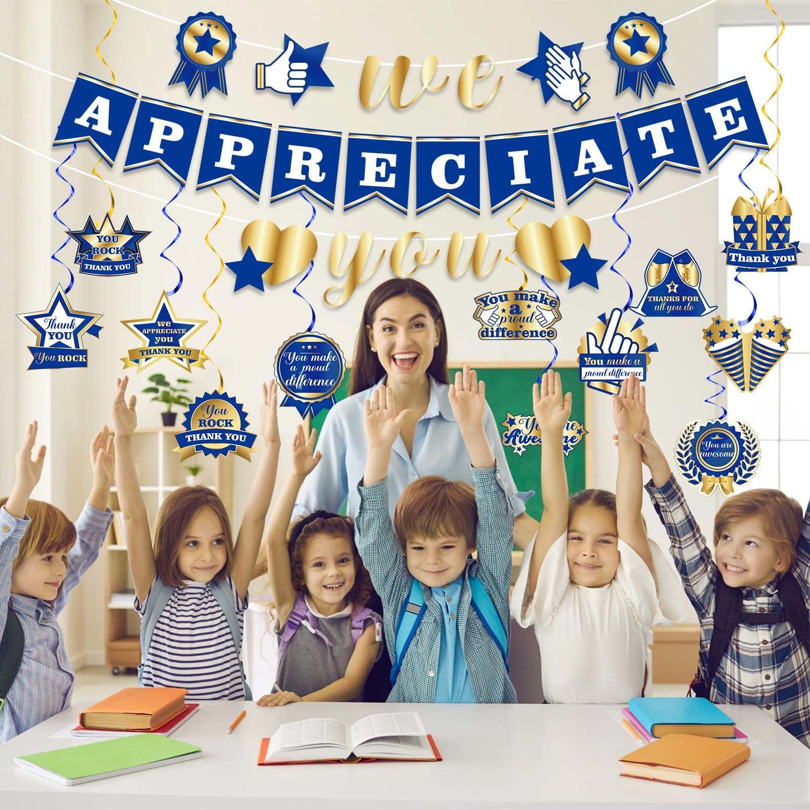 CHUNNIN We Appreciate You Banner Decorations Blue Gold Thank You Hanging Swirls Sign Employee Appreciation Streamer for Pastor Staff Teacher Retirement Doctor Nurse Thanksgiving Party Supplies