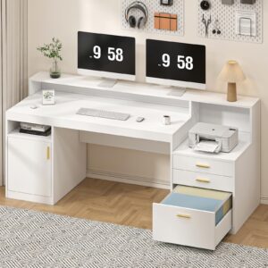 tvu 65" computer desk with 3 drawer & storage shelves, home office desk with file drawer cabinet, executive desk with long monitor stand & printer shelf, white