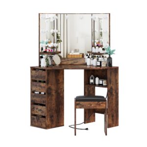 Knowfunn Corner Vanity Desk Set with 3-Folding Lighted Mirrors, Makeup Vanity Table with Charging Station, 5 Rotating Drawers and Storage Bench for Bedroom, Rustic Brown