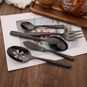 Uniturcky Serving Utensils Set, 5-Piece 18/8 Stainless Steel Hostess Serving Set, Elegant Hammered Serving Utensils for Home Restaurant and Buffet Catering, Heavy and Mirror Polished, Black