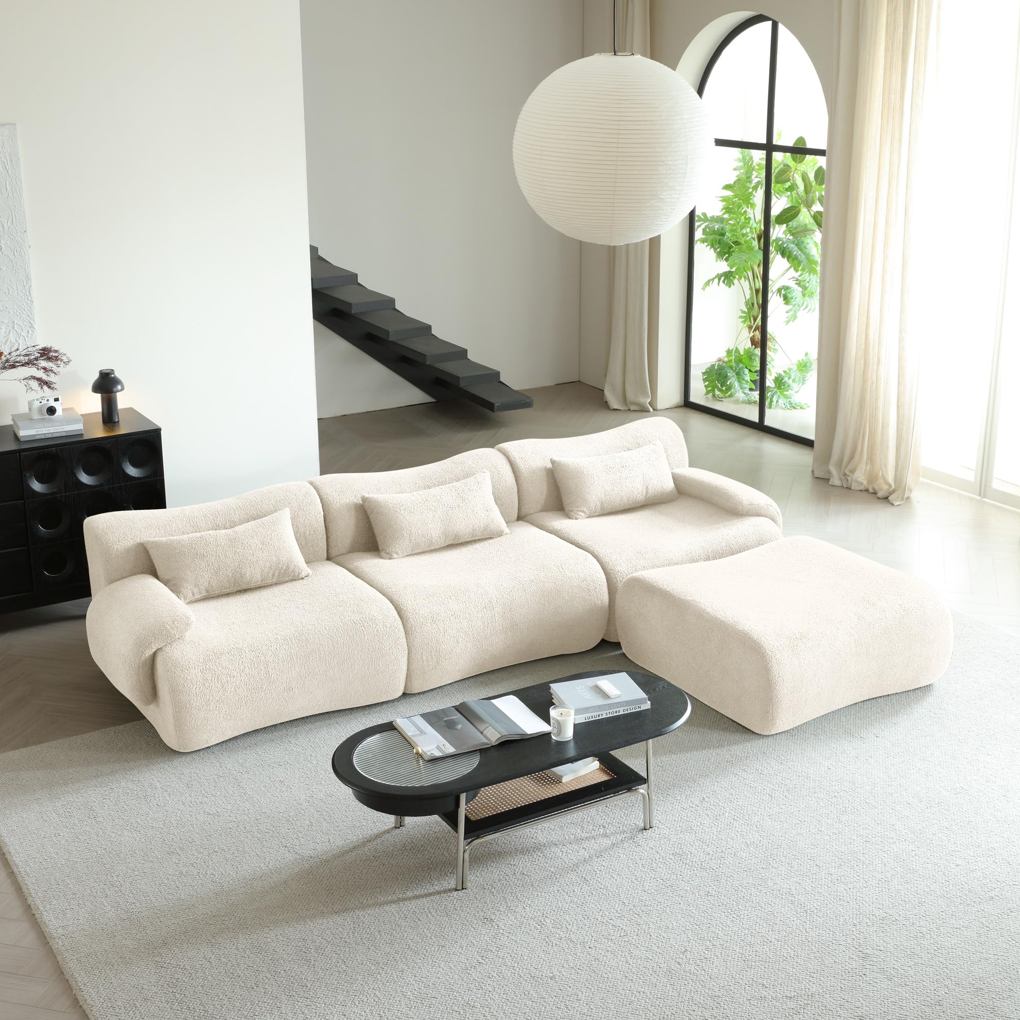 Luoxiao Modular Sectional Sofa L Shaped Sectional Couch Luxury Modern Cloud Couch with Chaise Oversized Bamboo Shaped Sofa Comfy Fluffy Boucle Floor Sofa for Living Room, Beige 3 Seat and Ottoman