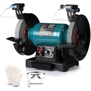 6" variable speed bench grinder, 1/2 hp brushless motor, adjustable eye shield, led work light, cast iron base