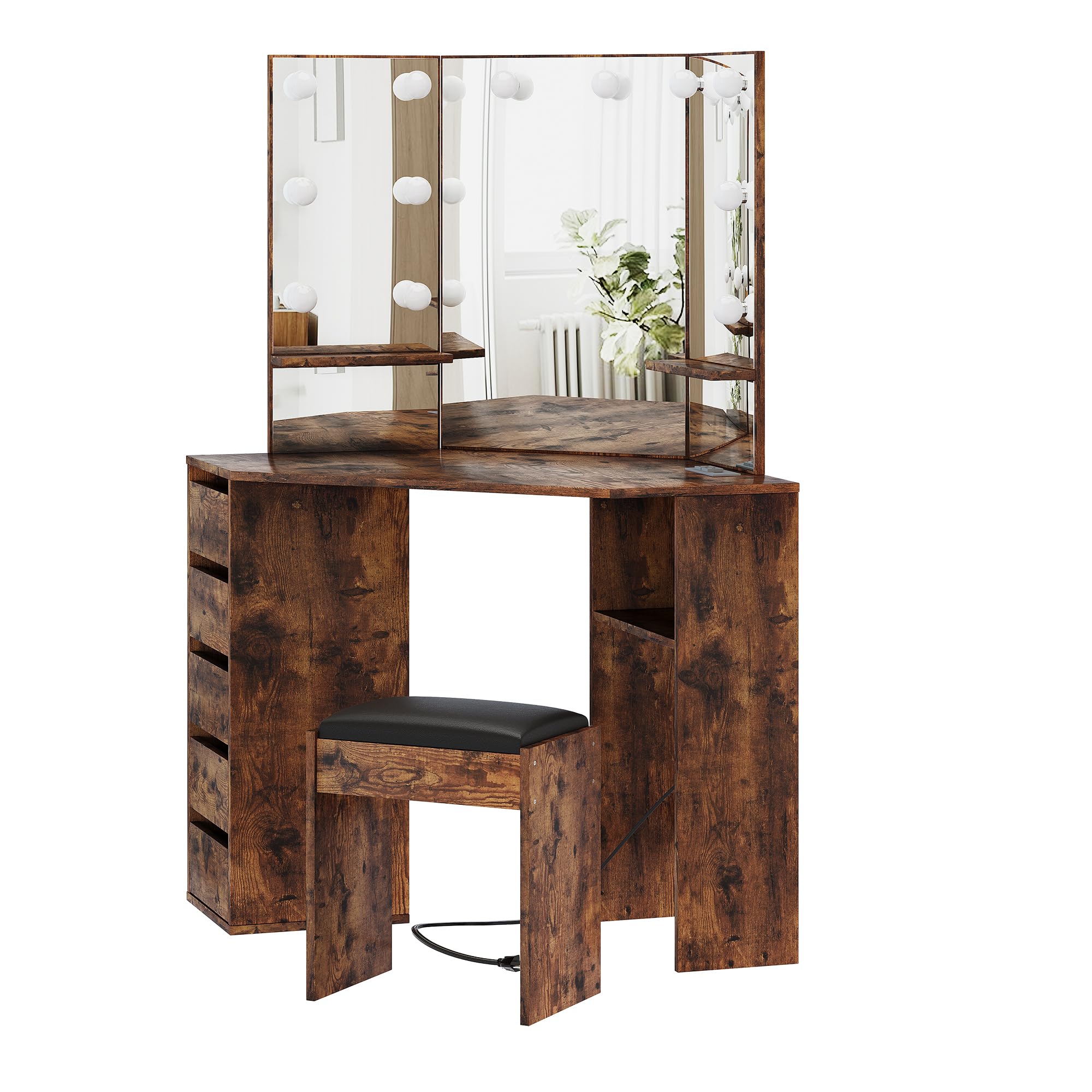 Knowfunn Corner Vanity Desk Set with 3-Folding Lighted Mirrors, Makeup Vanity Table with Charging Station, 5 Rotating Drawers and Storage Bench for Bedroom, Rustic Brown