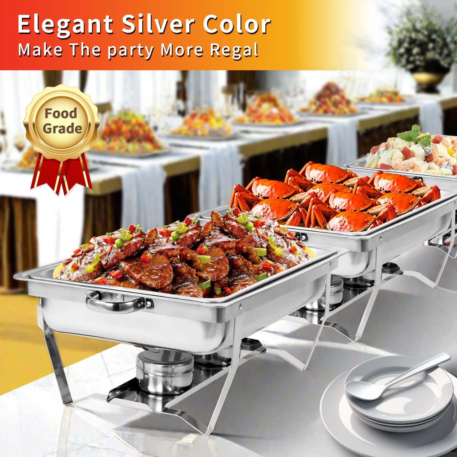 EVGTTI 8 qt Chafing Dish Buffet Set, Stainless Steel Catering Serve Chafer, Rectangular Food Warmer with Full Size Food Pan and Foldable Frame for Party (5-Pack)