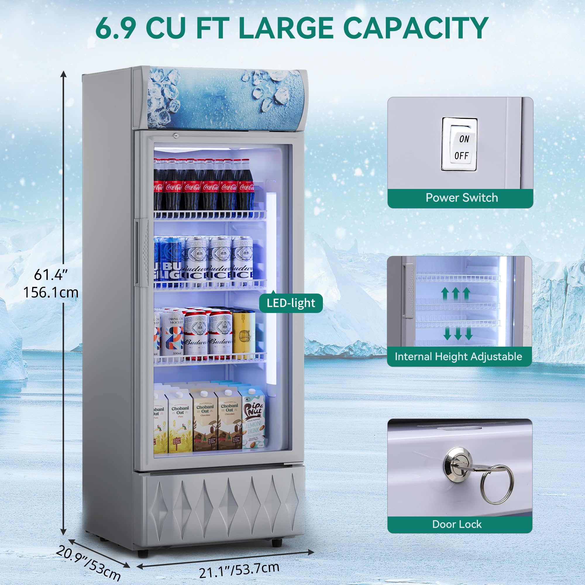 YITAHOME Commercial Merchandiser Display Refrigerator 6.9 CU.FT. with Single One Glass Door, Beverage Drink Beer Fridge Cooler for Office Garage Bar Gym with Customize Lightbox LED & Locking