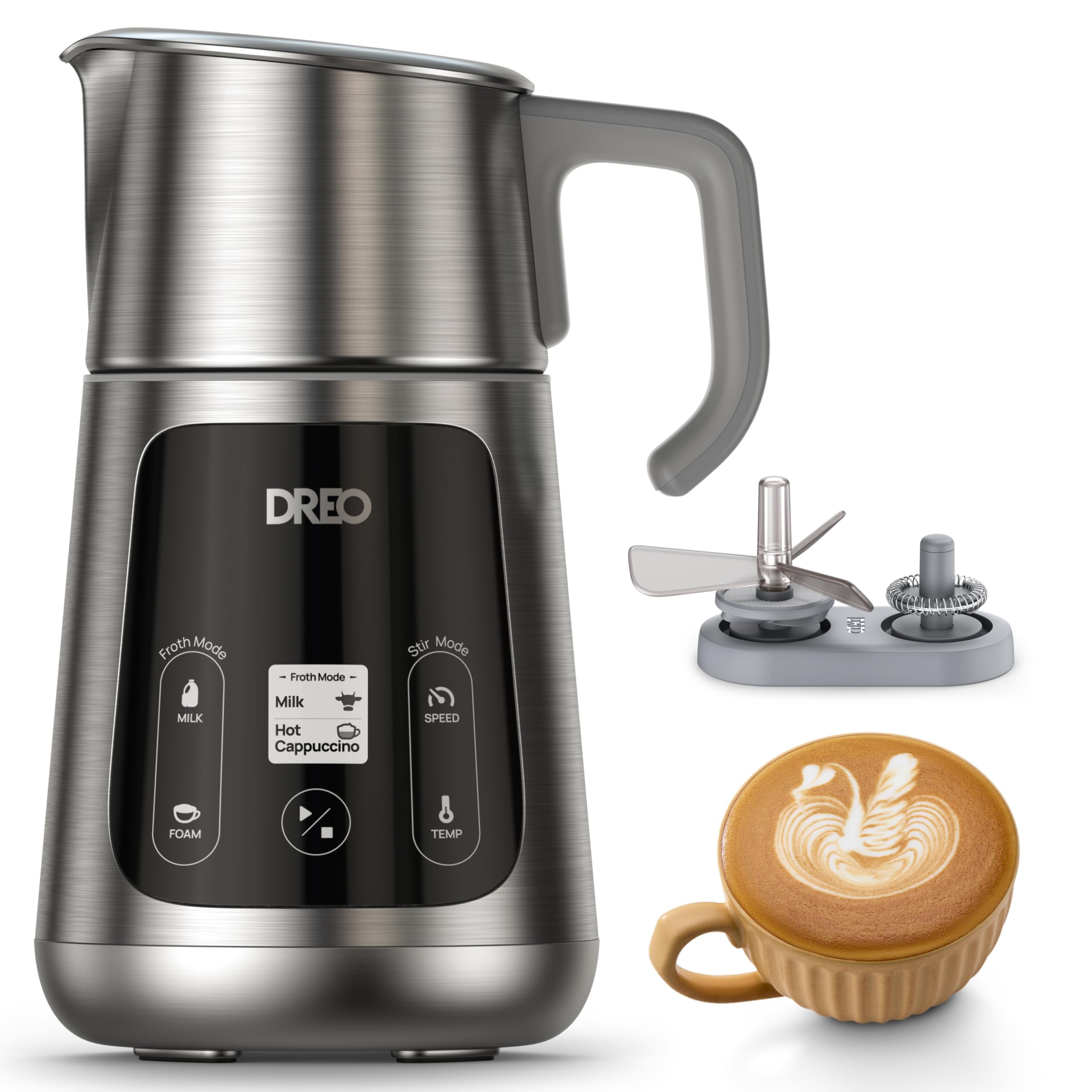 Dreo All-in-1 Milk Frother, Automatic Foam Maker for Latte Art-level Microfoam and Hot/Cold Coffee, 27oz/800ml Electric Milk Warmer with 30+ Drinks, Dishwasher Safe, Dairy/Plant-Based Milk, Star Light