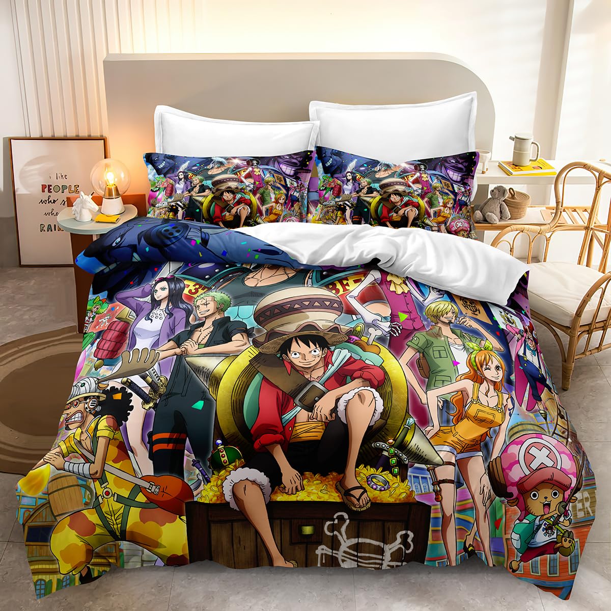 JKLWOAWR Cartoon Comforter Set Monkey One Microfiber Comforter Set D. Luffy 3D Digital Printing Comforter Set with Zipper Anime Bedding Teenage Girls Bedding (1 Duvet Cover and 2 Pillow Covers)