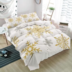 California King Size Duvet Cover Set,Gold White Christmas Snowflake Texture 3 Pieces Soft Bedding Sets,1 Quilt Cover+2 Decorative Pillow Shams for Bedroom All Season,Simple Winter Snow Scene Bed Set