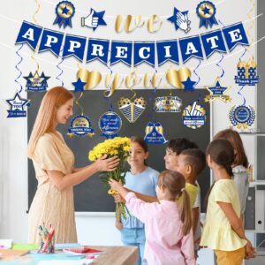 CHUNNIN We Appreciate You Banner Decorations Blue Gold Thank You Hanging Swirls Sign Employee Appreciation Streamer for Pastor Staff Teacher Retirement Doctor Nurse Thanksgiving Party Supplies