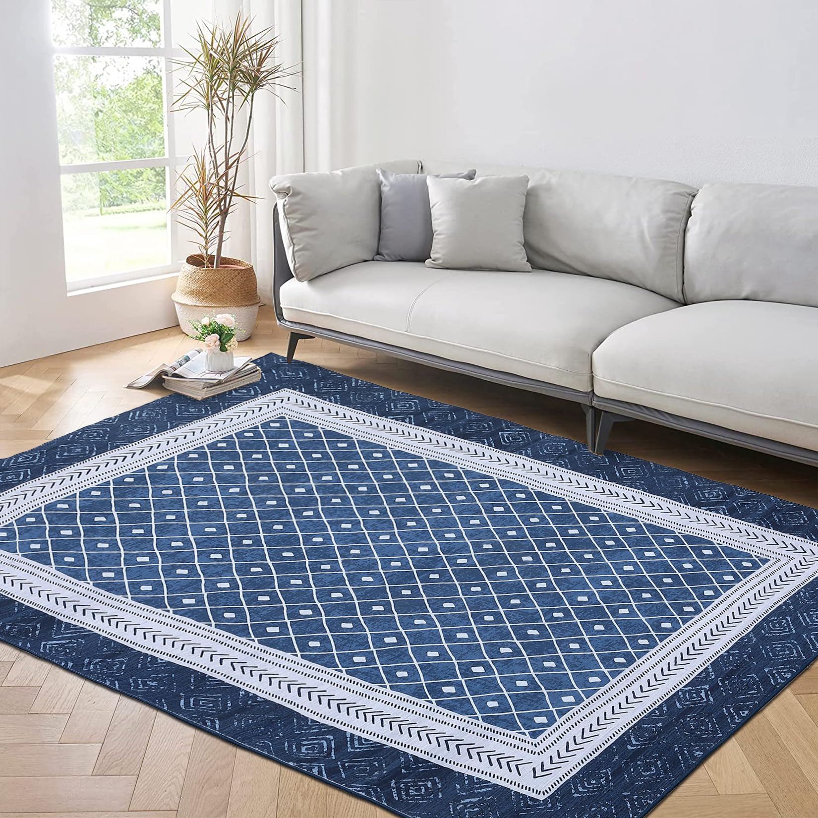 GarveeHome Modern Bordered 5x7 Area Rugs, Washable Rugs for Living Room Geometric Accent Rug Non Slip Non-Shedding Floor Carpet for Dining Room Indoor Kids Playroom, Navy