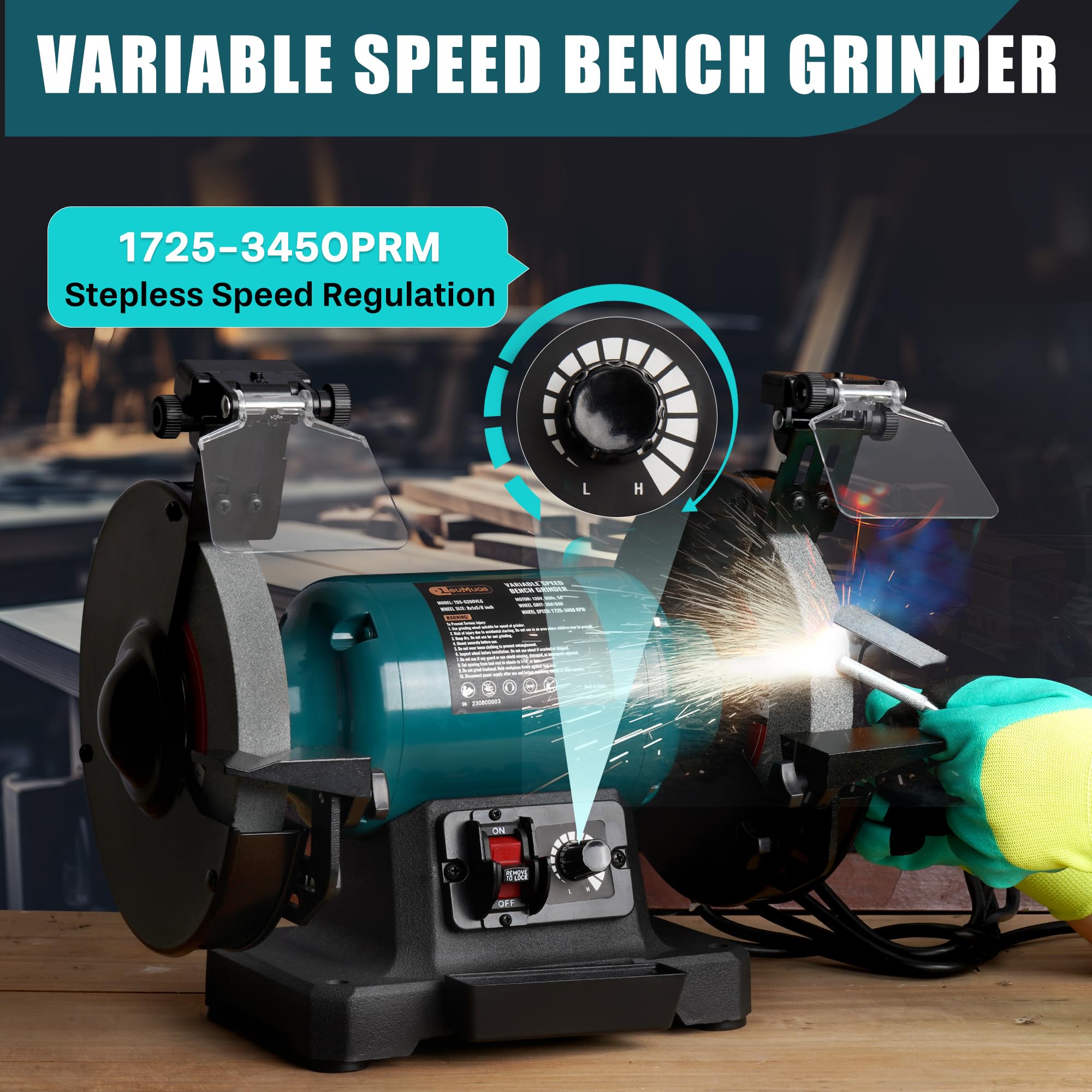 6" Variable Speed Bench Grinder, 1/2 HP Brushless Motor, Adjustable Eye Shield, LED Work Light, Cast Iron Base