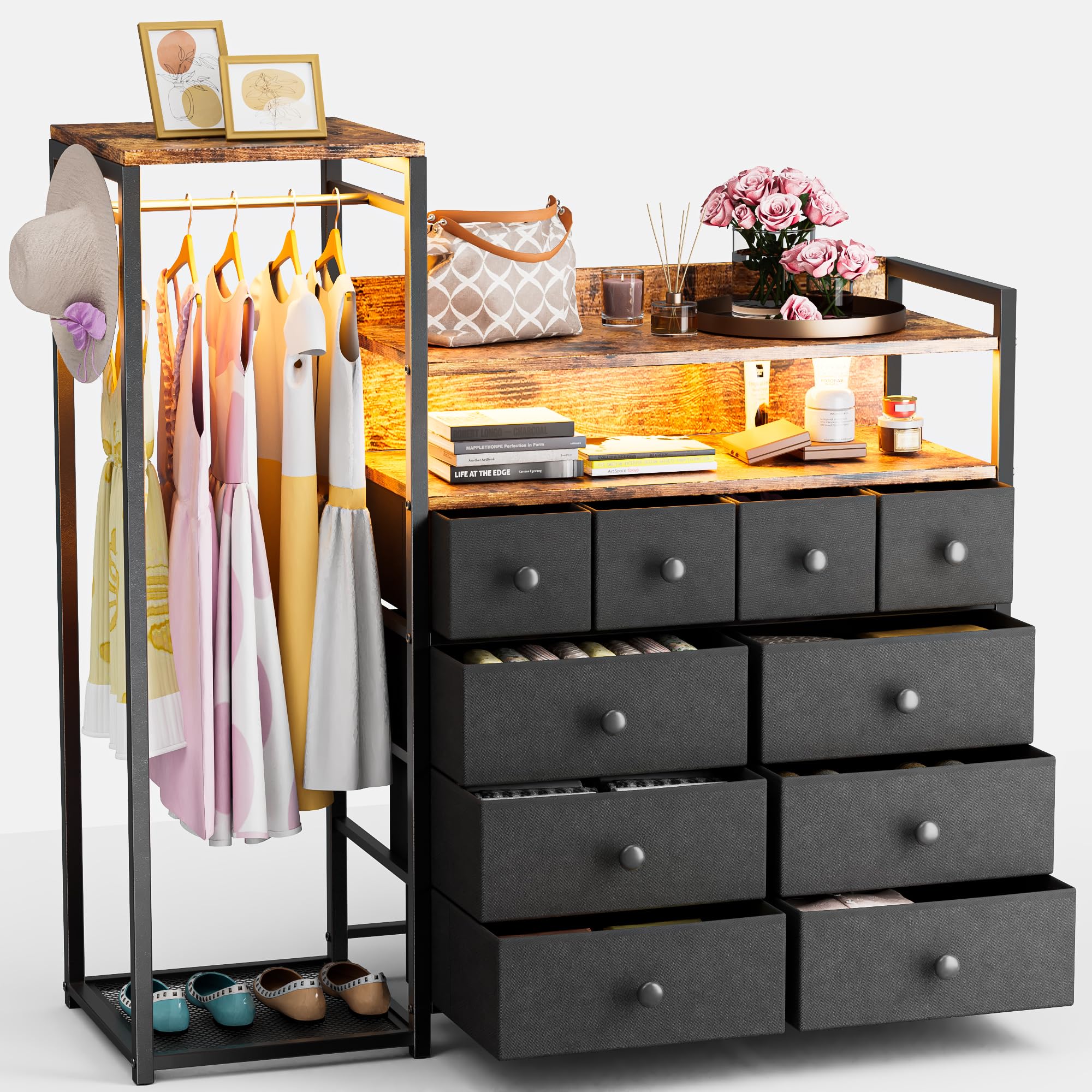 HPWLYO 10 Drawers LED Dresser for Bedroom, Black Fabric Dresser with Clothes Rack, Tall Storage Chest of Drawers, Dressers & Chests of Drawers, Wooden Top, Bedroom, Closet