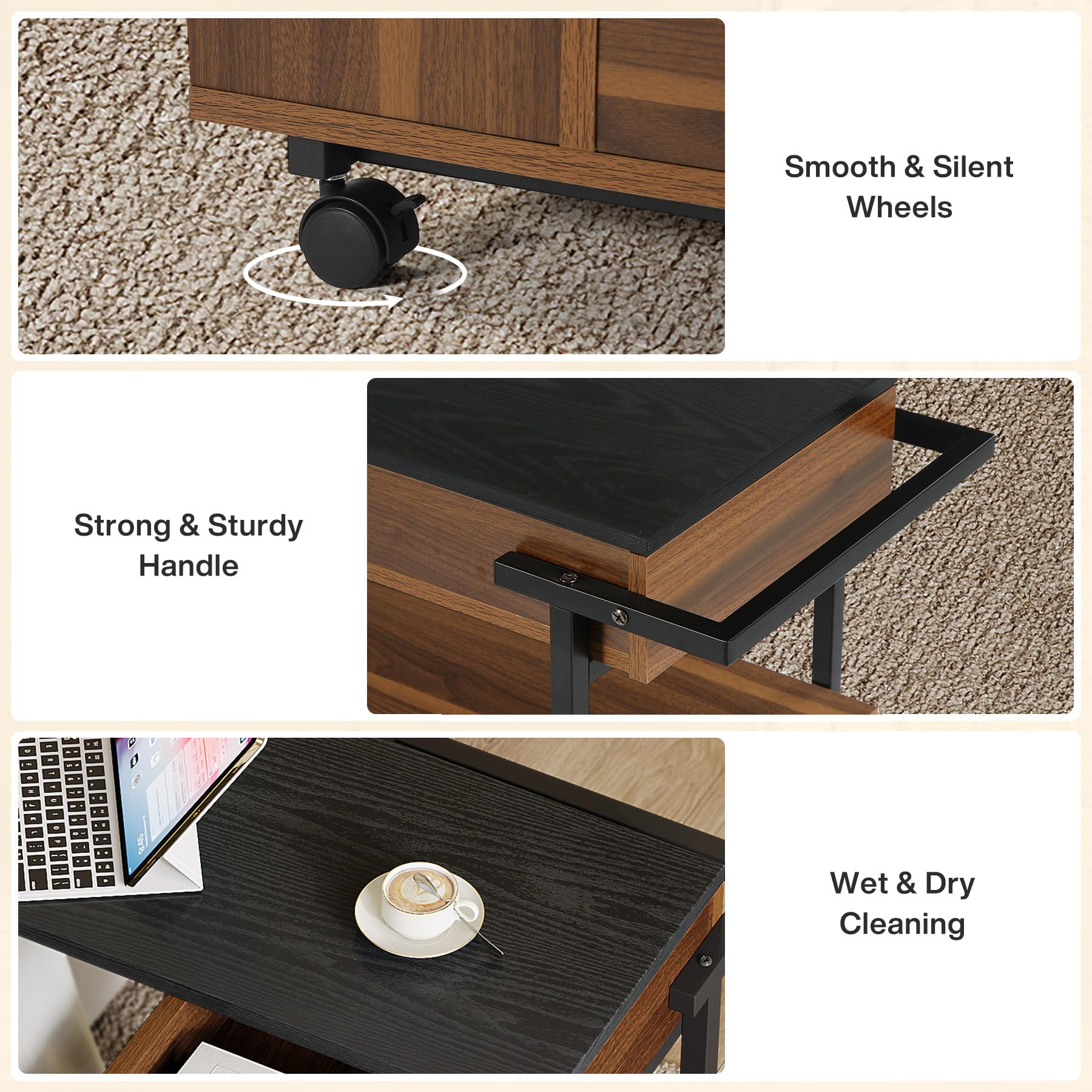 Tribesigns Rolling End Table with Rotating Tabletop for Living Room, Narrow Side Tables with 3 Tier Storage Shelves Magazine Drink Holder, Large Utility Cart for Bedroom Small Space Home, Black Brown