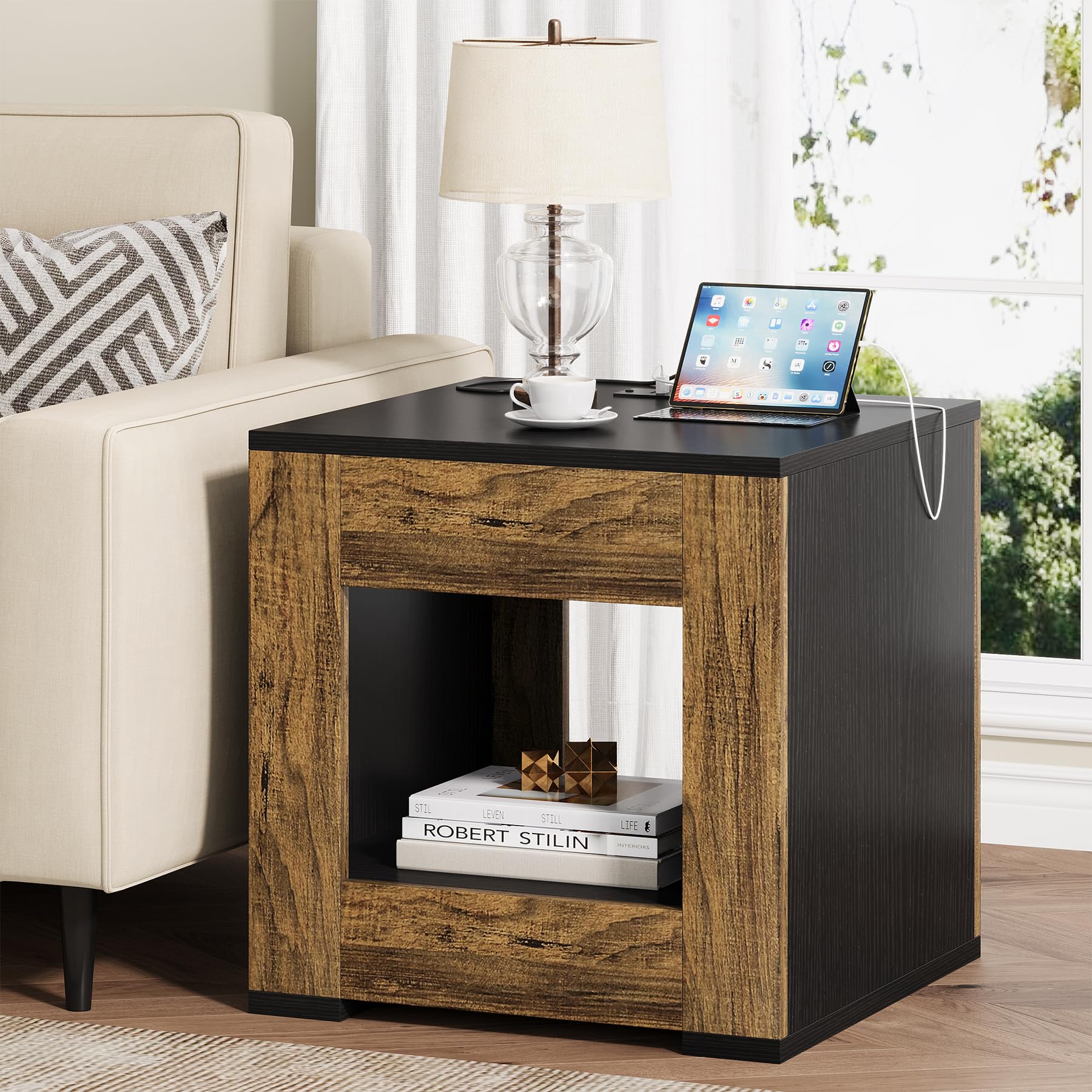 Condemo Farmhouse End Table with Charging Station, Square Nightstand Bedside Table with Drawer and Open Shelf, 2-Tier Sofa Side Table Storage for Living Room, Bedroom, Small Spaces, Brown and Black